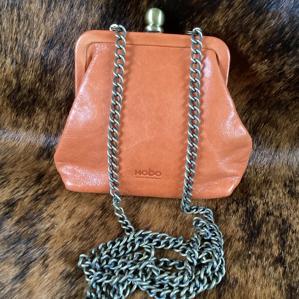 HOBO International Mini Orange Leather Chain Strap Ball Snap Crossbody Handbag